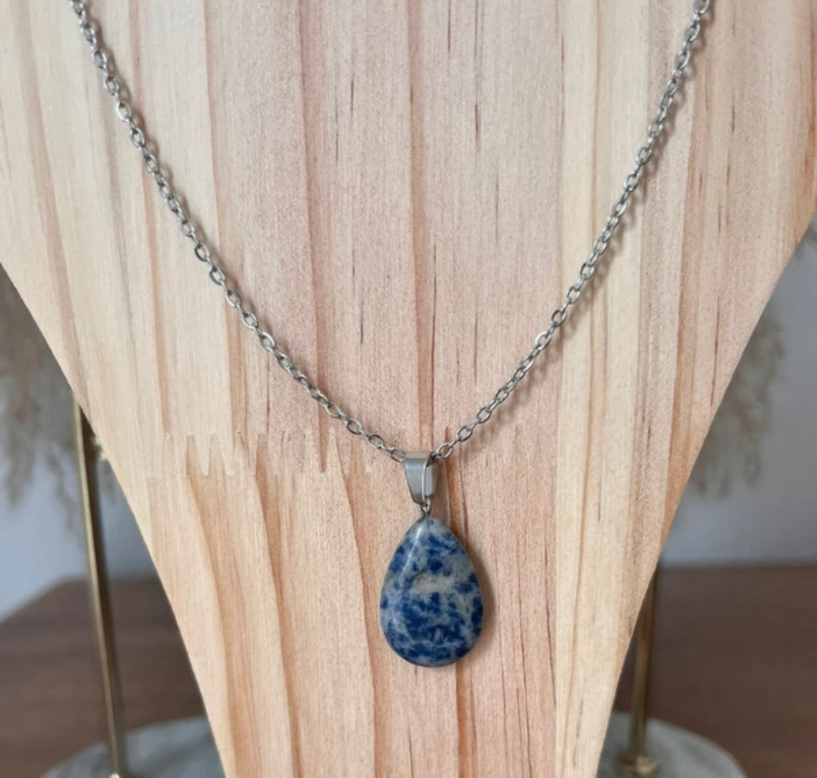 Collier Sodalite Pierre Naturelle | Chaîne Maillons Argentée 44 cm | Acier Inoxydable