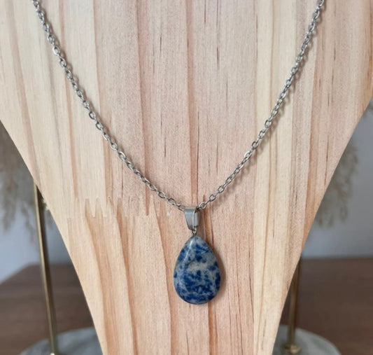 Collier Sodalite Pierre Naturelle | Chaîne Maillons Argentée 44 cm | Acier Inoxydable