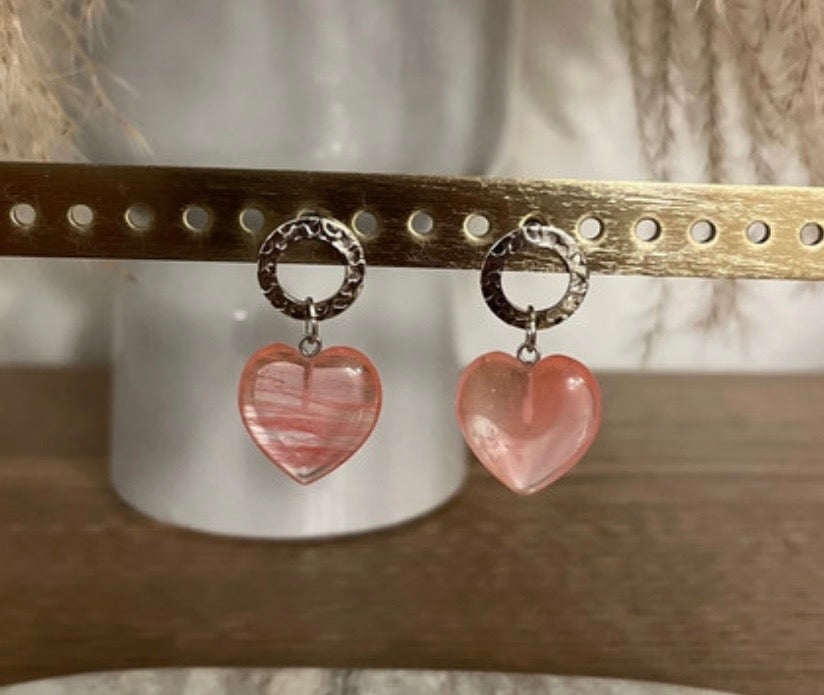 Clous d'Oreilles Cœur Cherry Quartz | Quartz Cerise Naturel | Amour & Créativité | Acier Inoxydable