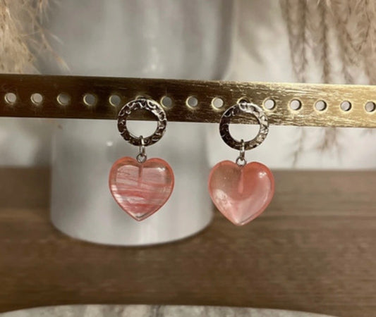 Clous d'Oreilles Cœur Cherry Quartz | Quartz Cerise Naturel | Amour & Créativité | Acier Inoxydable
