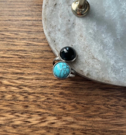 Bague Double Ajustable Obsidienne Noire & Turquoise – Acier Inoxydable Argenté | PAPD