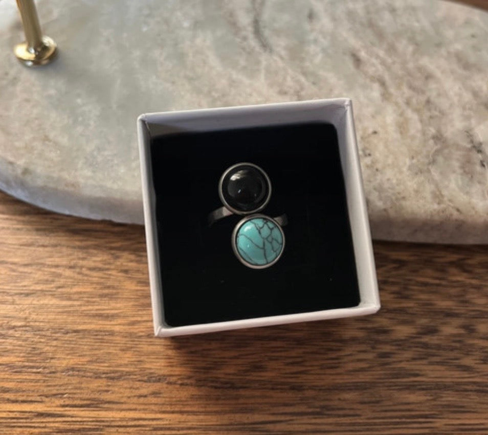 Bague Double Ajustable Obsidienne Noire & Turquoise – Acier Inoxydable Argenté | PAPD