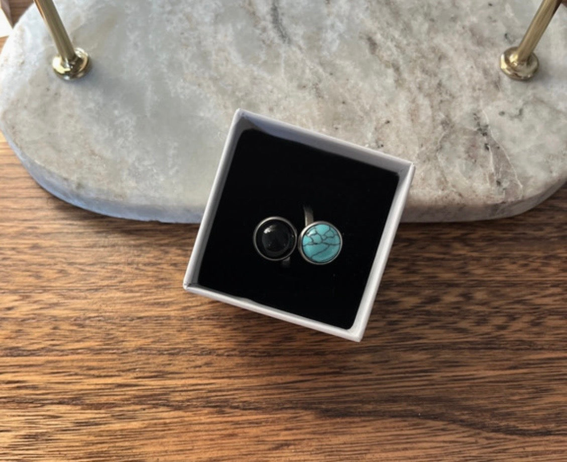 Bague Double Ajustable Obsidienne Noire & Turquoise – Acier Inoxydable Argenté | PAPD