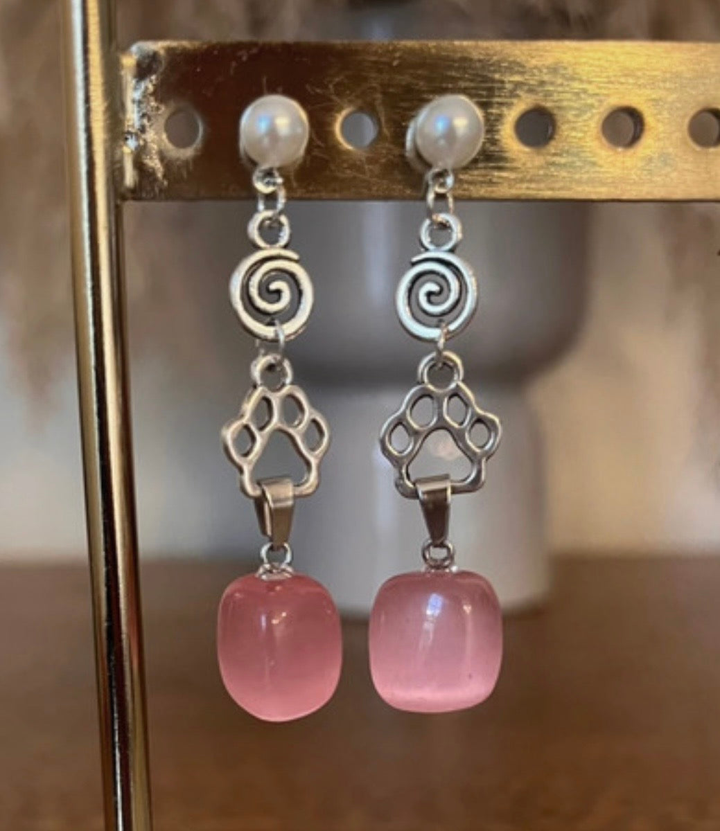 Clous d'Oreilles Perles Breloque Patte de Chien | Quartz Rose Naturel | Acier Inoxydable