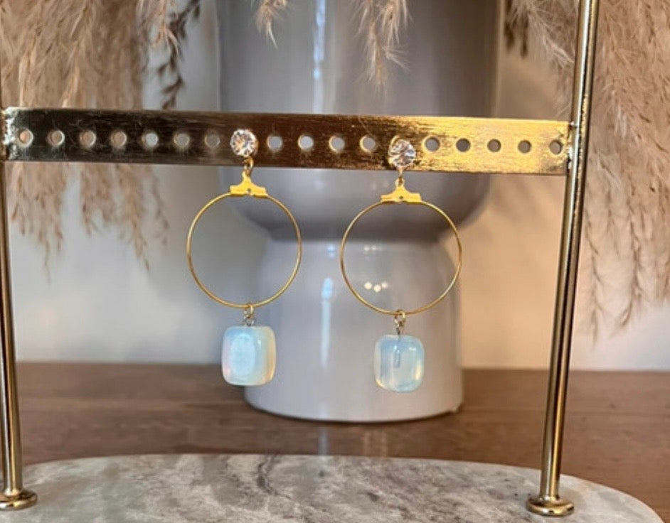 Clous d'Oreilles Diam Anneaux Dores Pierre Naturelle Opaline Bloc | Sagesse | Acier Inoxydable