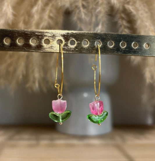 Créoles Dorées Pendentifs Tulipes Colorées – Acier Inoxydable | PAPD