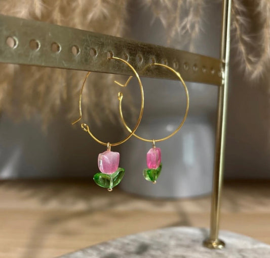 Créoles Dorées Pendentifs Tulipes Colorées – Acier Inoxydable | PAPD
