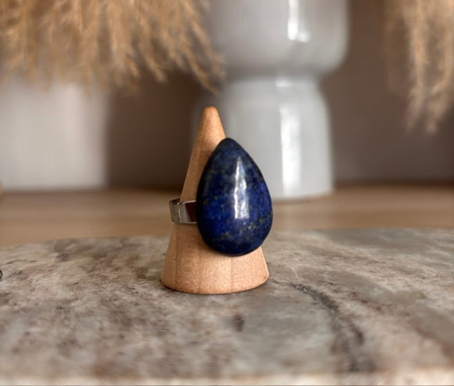 Bague Lapis Lazuli – Pierre Naturelle Qualité 5A | Monture Argentée Ajustable Inoxydable