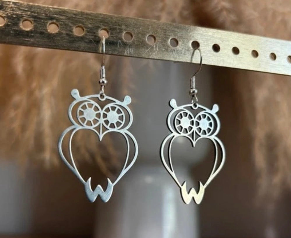 Boucles d'oreilles Pendantes Hibou Chouette Filigrane | Acier Inoxydable Argenté