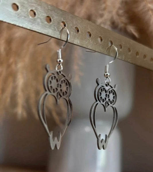 Boucles d'oreilles Pendantes Hibou Chouette Filigrane | Acier Inoxydable Argenté