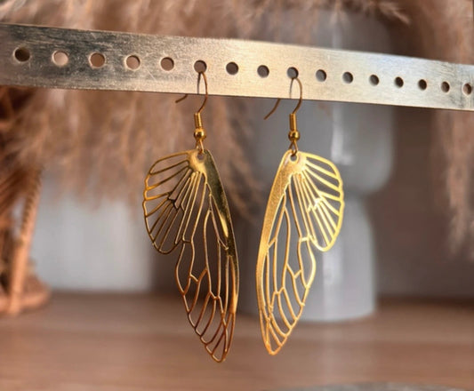 Boucles d'oreilles Pendantes Aile de Fée Filigrane Doré | Acier Inoxydable