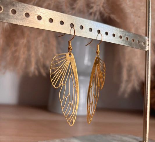 Boucles d'oreilles Pendantes Aile de Fée Filigrane Doré | Acier Inoxydable