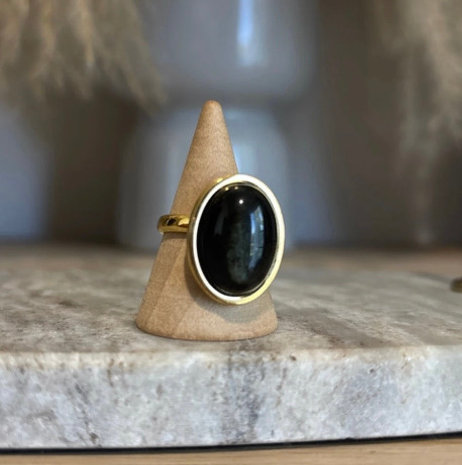Bague Obsidienne Dorée – Pierre Naturelle Protectrice | Monture Dorée Ajustable