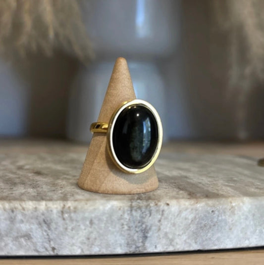 Bague Obsidienne Dorée – Pierre Naturelle Protectrice | Monture Dorée Ajustable
