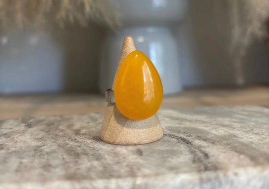Bague Ambre Jaune – Pierre Naturelle Solaire | Monture Dorée Ajustable Inoxydable