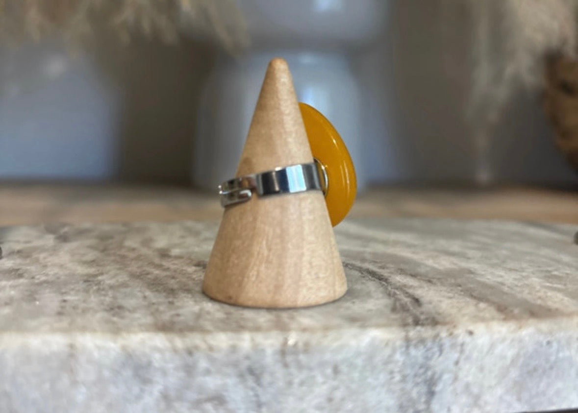 Bague Ambre Jaune – Pierre Naturelle Solaire | Monture Dorée Ajustable Inoxydable