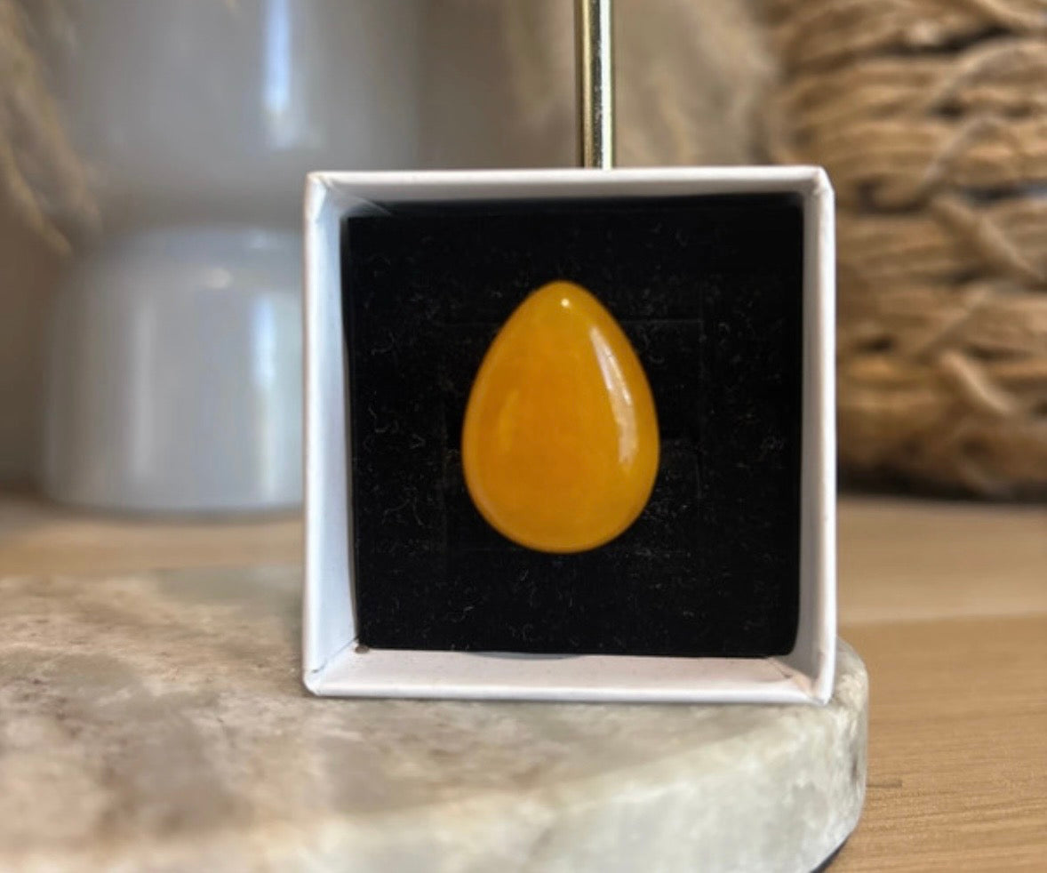 Bague Ambre Jaune – Pierre Naturelle Solaire | Monture Dorée Ajustable Inoxydable