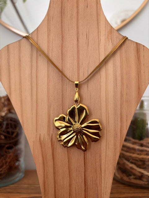 Collier Chaîne Dorée Pendentif Grosse Fleur | Acier Inoxydable 40-45 cm | Bohème Chic