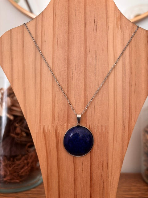 Collier Lapis Lazuli Cabochon 25 mm | Chaîne Argentée Inoxydable 44 cm