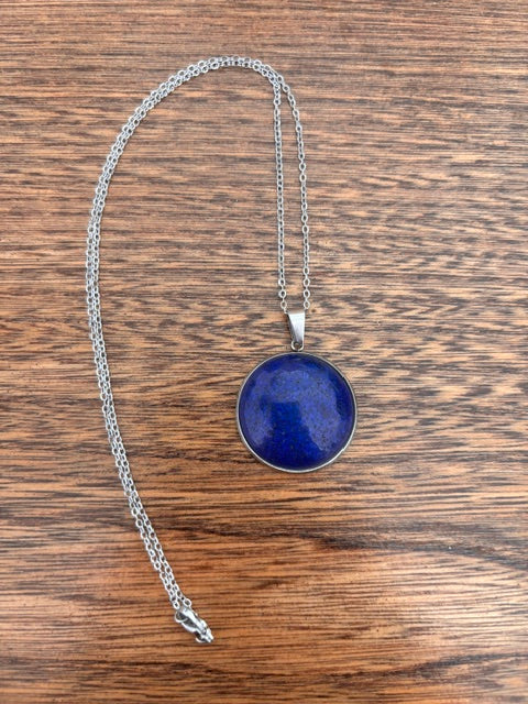 Collier Lapis Lazuli Cabochon 25 mm | Chaîne Argentée Inoxydable 44 cm