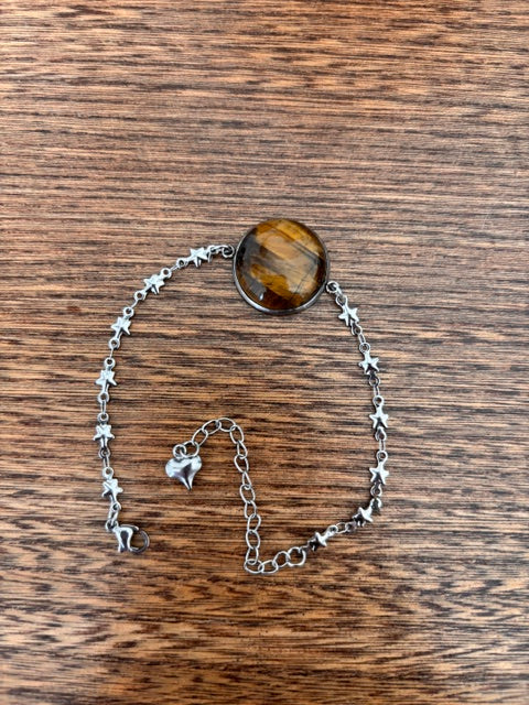 Bracelet Œil de Tigre Cabochon 20 mm | Chaîne Étoilée Argentée Inoxydable 17-22 cm
