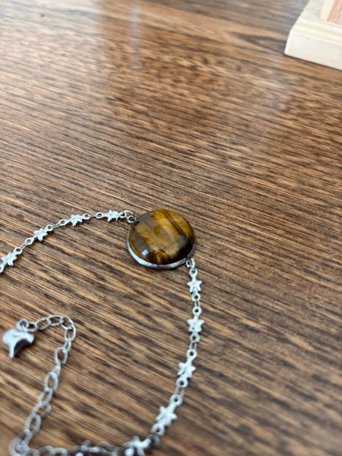 Bracelet Œil de Tigre Cabochon 20 mm | Chaîne Étoilée Argentée Inoxydable 17-22 cm
