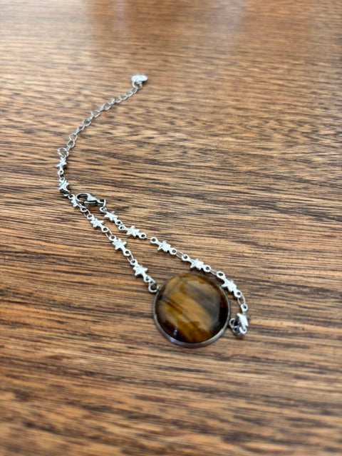 Bracelet Œil de Tigre Cabochon 20 mm | Chaîne Étoilée Argentée Inoxydable 17-22 cm