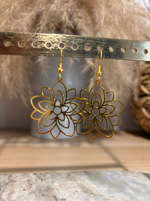 Boucles d’Oreilles Fleur Filigrane Dorée | Crochets Acier Inoxydable Bohème