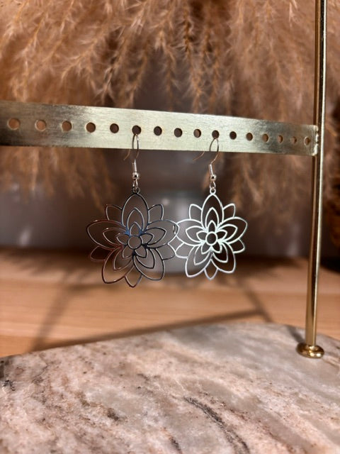 Boucles d’Oreilles Fleur Filigrane Argentée | Crochets Acier Inoxydable Bohème