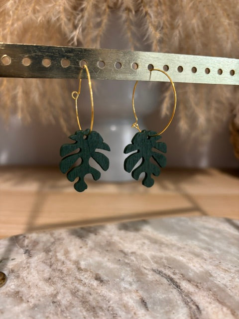 Boucles d'Oreilles Créoles | Pendentif Feuille Monstera Bois Vert | Style Bohème Estival