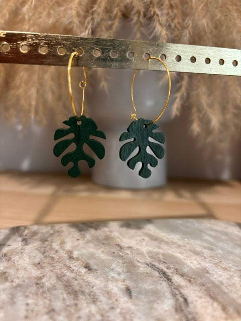 Boucles d'Oreilles Créoles | Pendentif Feuille Monstera Bois Vert | Style Bohème Estival