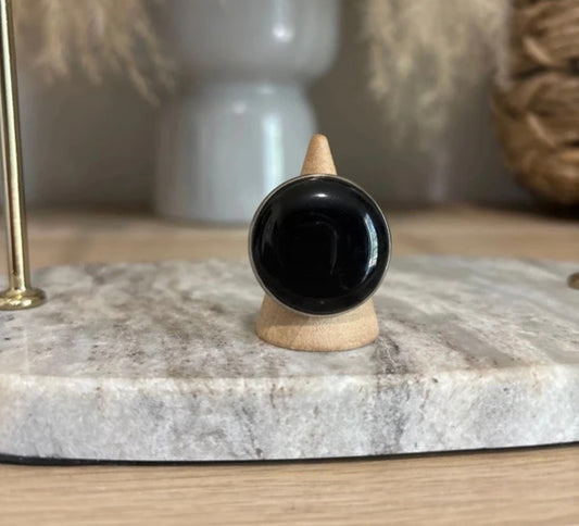 Bague Obsidienne Noire Cabochon 25 mm | Monture Argentée Ajustable Inoxydable