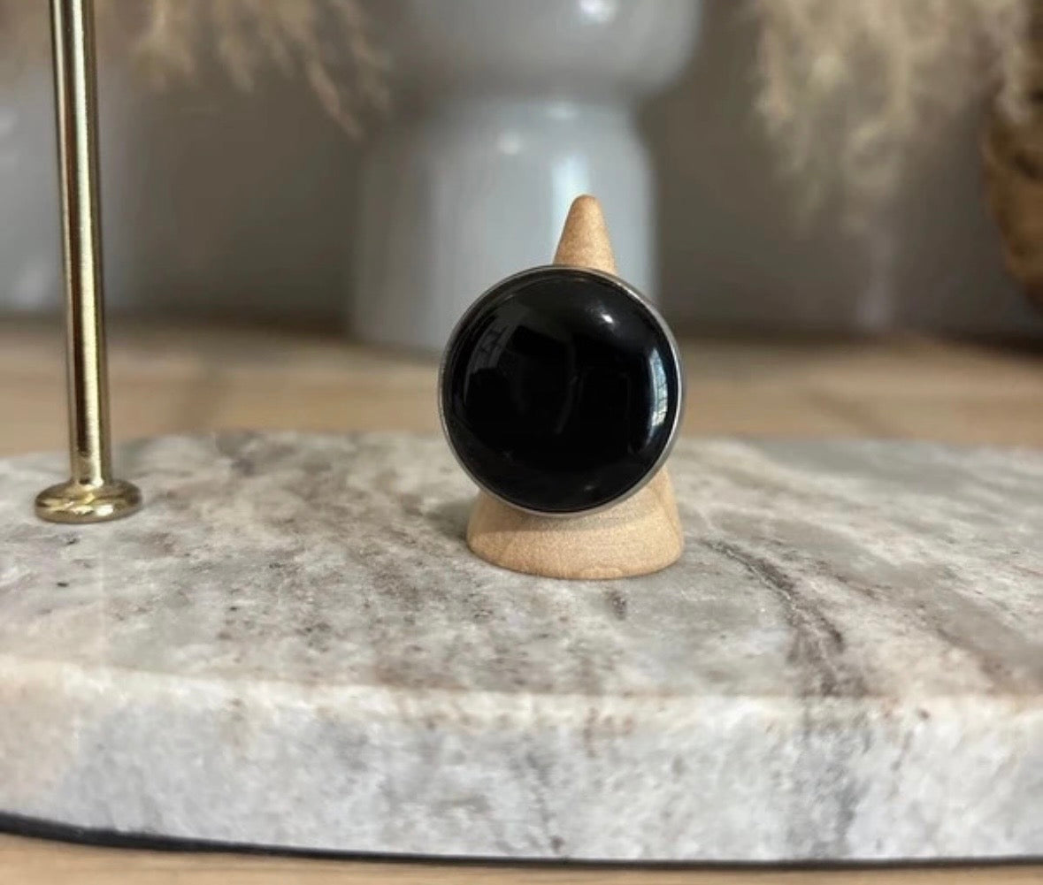 Bague Obsidienne Noire Cabochon 25 mm | Monture Argentée Ajustable Inoxydable