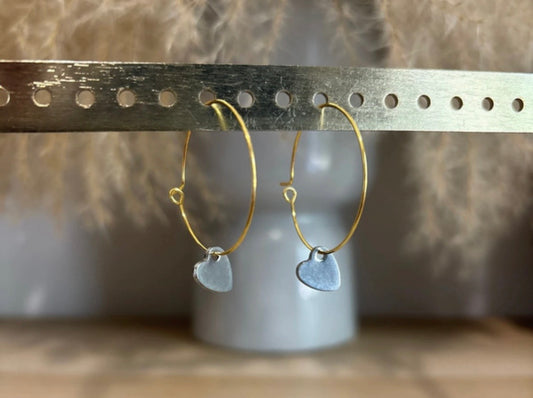 Créoles Dorées Cœurs Argentés 3 cm | Boucles d’Oreilles Romantiques Inoxydable