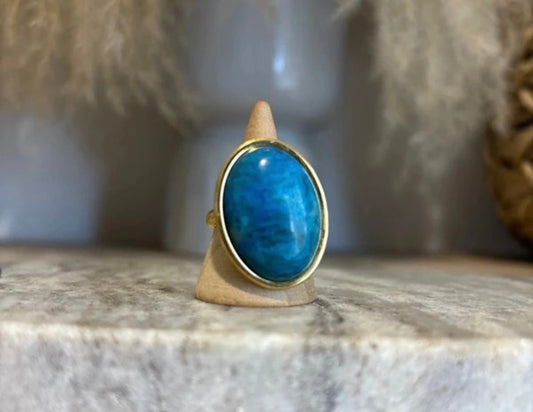 Bague Hauynite Cabochon 18x25 mm | Monture Dorée Ajustable Inoxydable | Pierre Rare