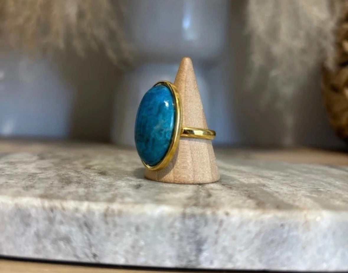 Bague Hauynite Cabochon 18x25 mm | Monture Dorée Ajustable Inoxydable | Pierre Rare