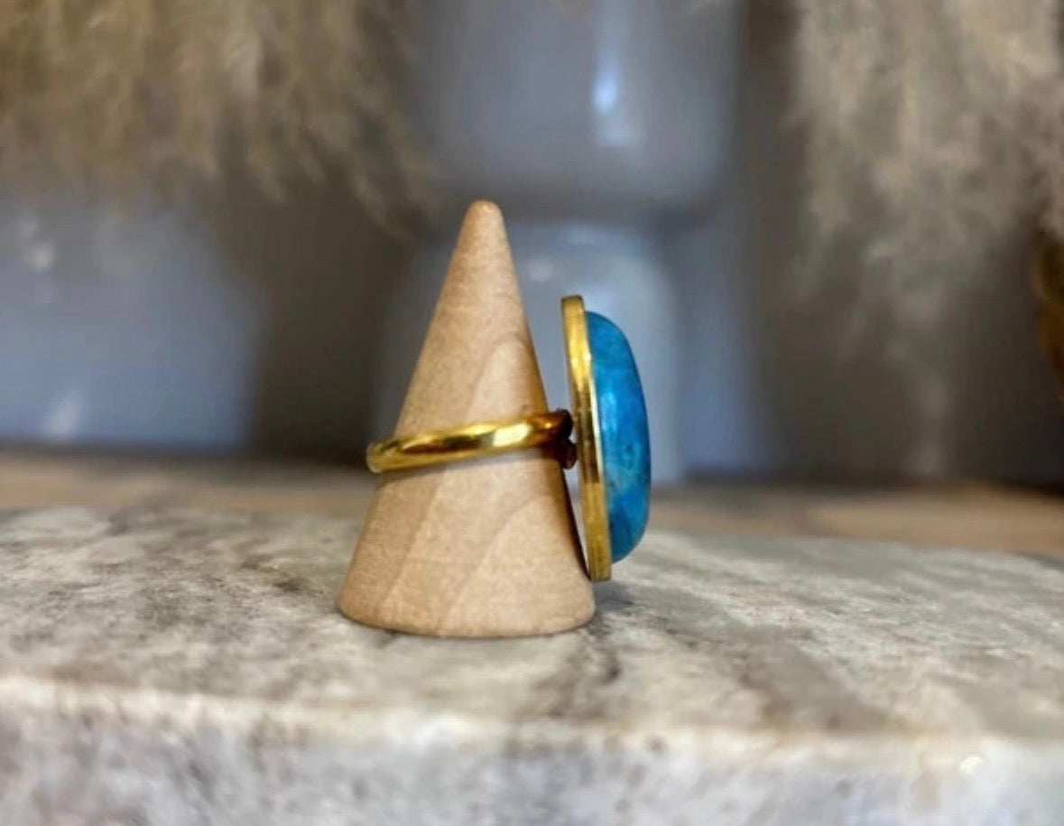 Bague Hauynite Cabochon 18x25 mm | Monture Dorée Ajustable Inoxydable | Pierre Rare