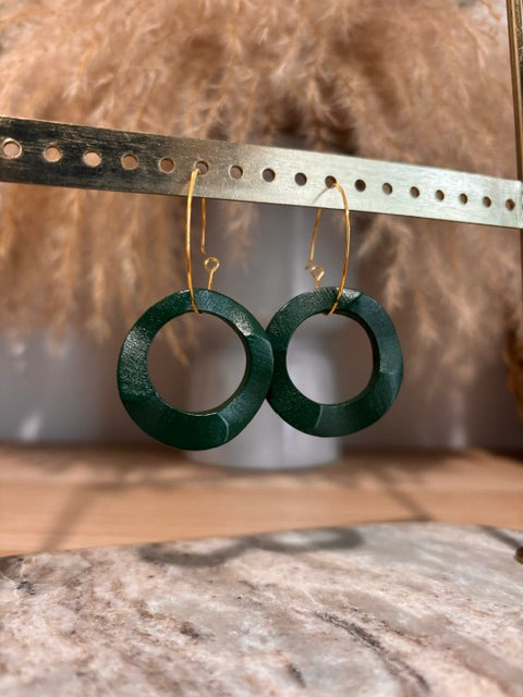 Boucles d'Oreilles Créoles | Pampilles Bois Vert | Style Bohème Estival Fait Main
