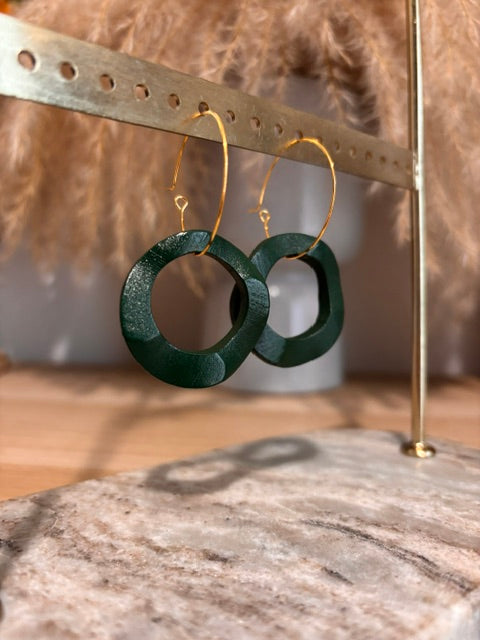 Boucles d'Oreilles Créoles | Pampilles Bois Vert | Style Bohème Estival Fait Main
