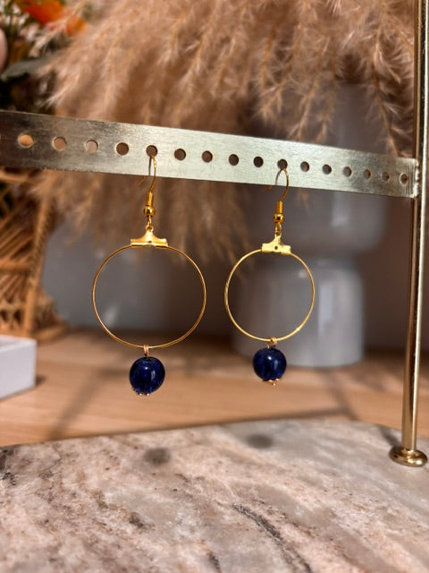 Boucles d'Oreilles Créoles Dorées | Perles Bleues Marine | Bijou Inoxydable Bohème
