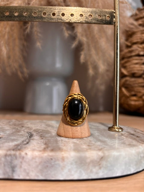 Bague Dorée Ajustable | Pierre Obsidienne Arc-en-Ciel | Cabochon Lithothérapie Fait Main