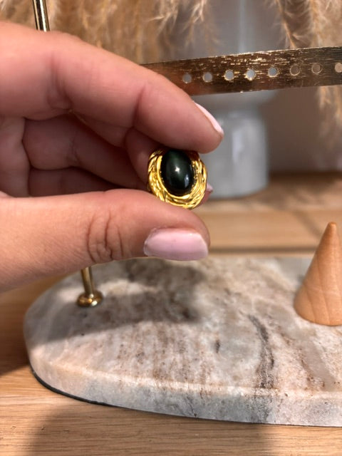 Bague Dorée Ajustable | Pierre Obsidienne Arc-en-Ciel | Cabochon Lithothérapie Fait Main