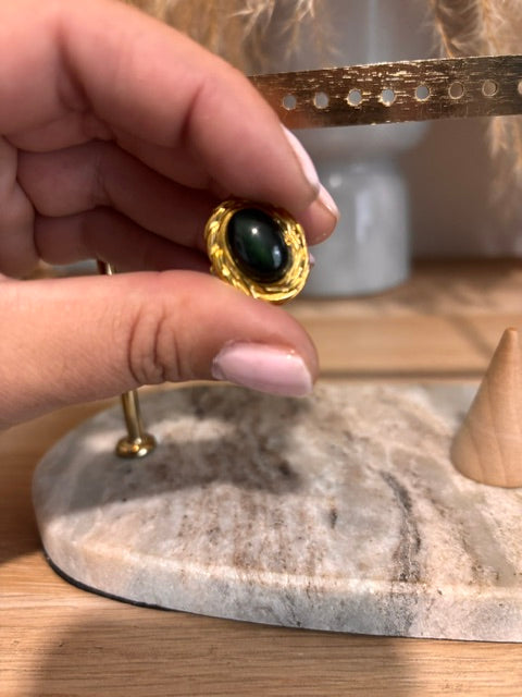 Bague Dorée Ajustable | Pierre Obsidienne Arc-en-Ciel | Cabochon Lithothérapie Fait Main