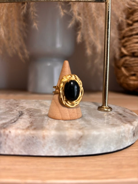 Bague Dorée Ajustable | Pierre Obsidienne Arc-en-Ciel | Cabochon Lithothérapie Fait Main
