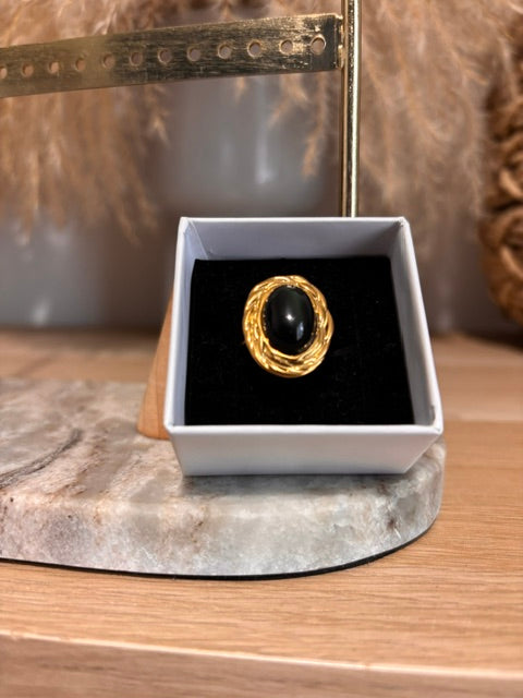 Bague Dorée Ajustable | Pierre Obsidienne Arc-en-Ciel | Cabochon Lithothérapie Fait Main