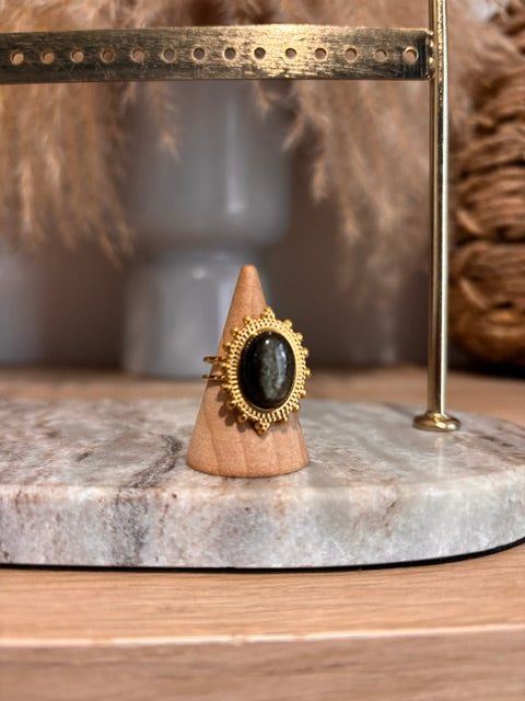 Bague Dorée Ajustable | Pierre Obsidienne Dorée | Bijou Lithothérapie Protecteur Fait Main