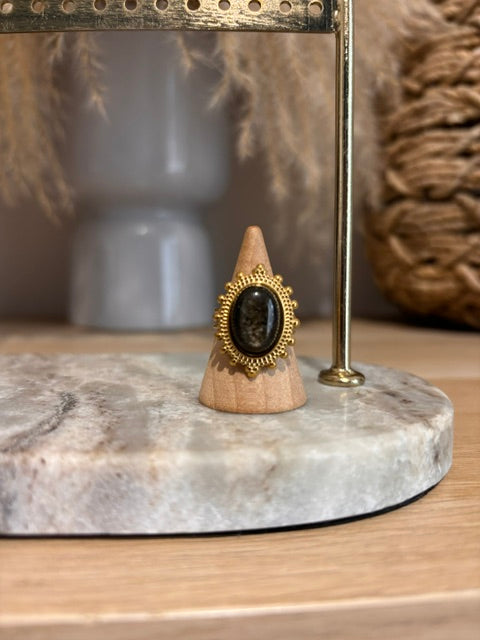 Bague Dorée Ajustable | Pierre Obsidienne Dorée | Bijou Lithothérapie Protecteur Fait Main