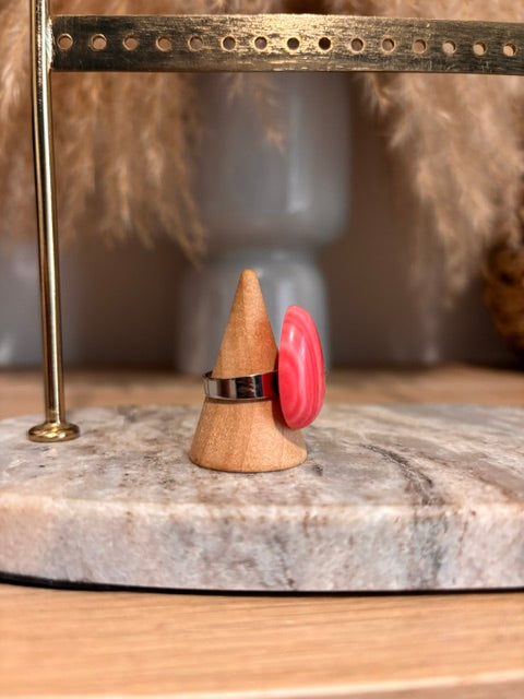 Bague Agate Rose | Cabochon Naturel 18x25 mm – Acier Inoxydable Ajustable