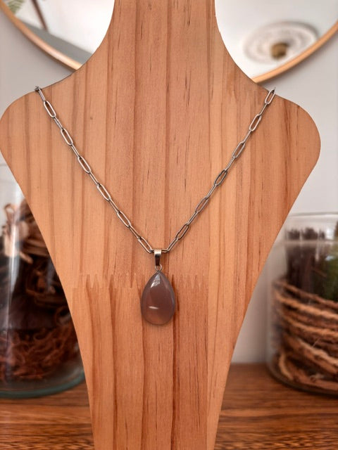 Collier Pierre de Lune | Chaîne Gourmette Argentée Inoxydable 44 cm