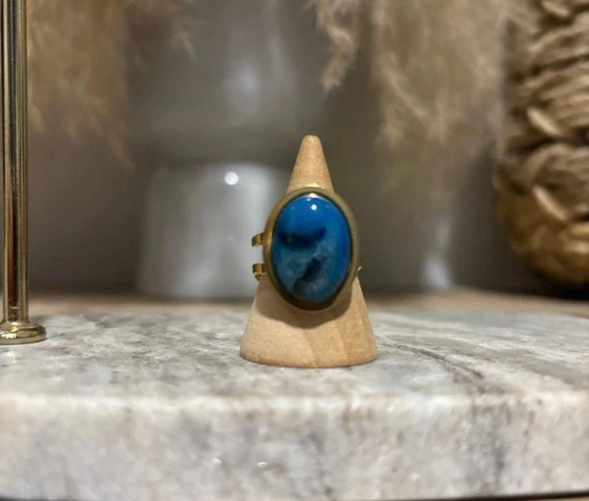 Bague Aventurine Bleue | Cabochon 13x18 mm – Acier Inoxydable Doré Ajustable